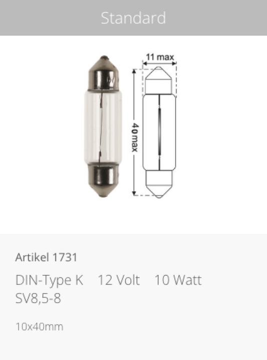 JAHN FESTOON GLOBE P/N 1731 12V/10w